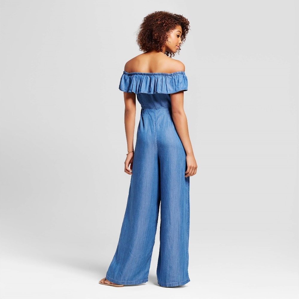 NEW Off The Shoulder Ruffle Chambray Jumpsuit [C3] - Picture 2 of 8